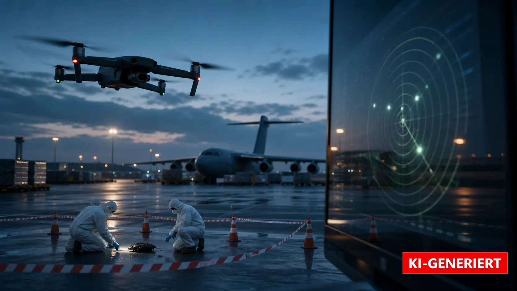 KI-generierte 16:9-Symbolmontage einer Drohne nahe Frachtflugzeug, Radar und Spurensicherung ohne Täterzuordnung; sichtbar als KI-GENERIERT markiert