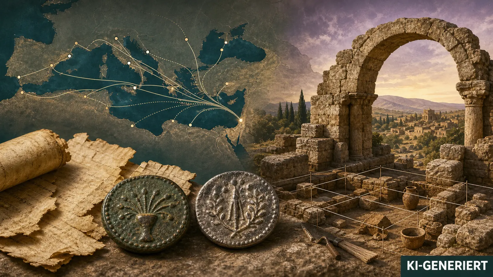 KI-generierte 16:9-Illustration zu Bar-Kochba-Revolte, antiker Münze, Jerusalem und Diaspora; im Motiv sichtbar als KI-GENERIERT gekennzeichnet