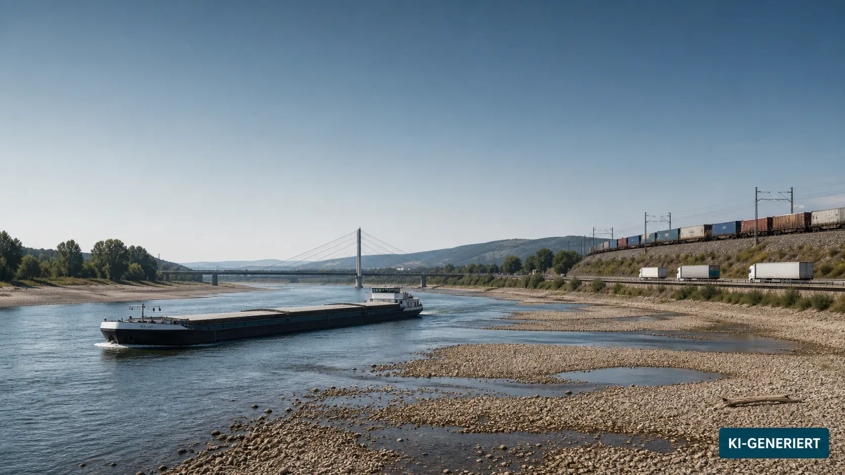 KI-generierte Symbolansicht eines flachen Rheins mit Binnenschiff, Güterzug und Lkw