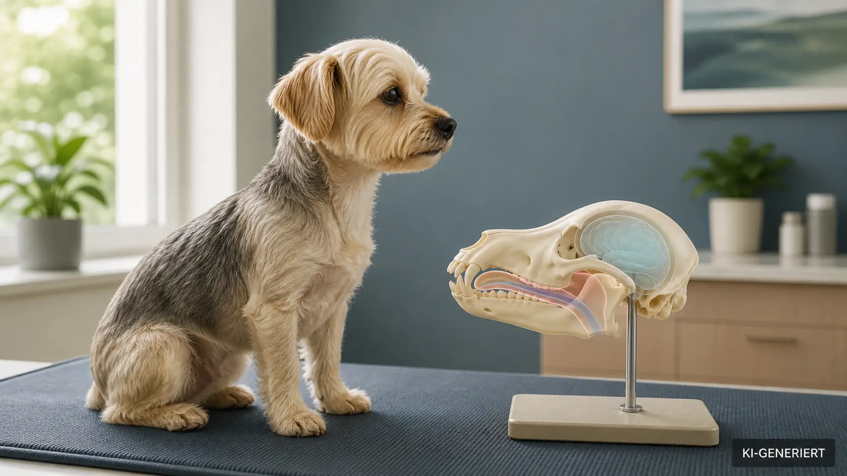 KI-generierter gesunder kleiner Hund in einer ruhigen Tierarztpraxis neben einem anatomischen Hundeschädelmodell