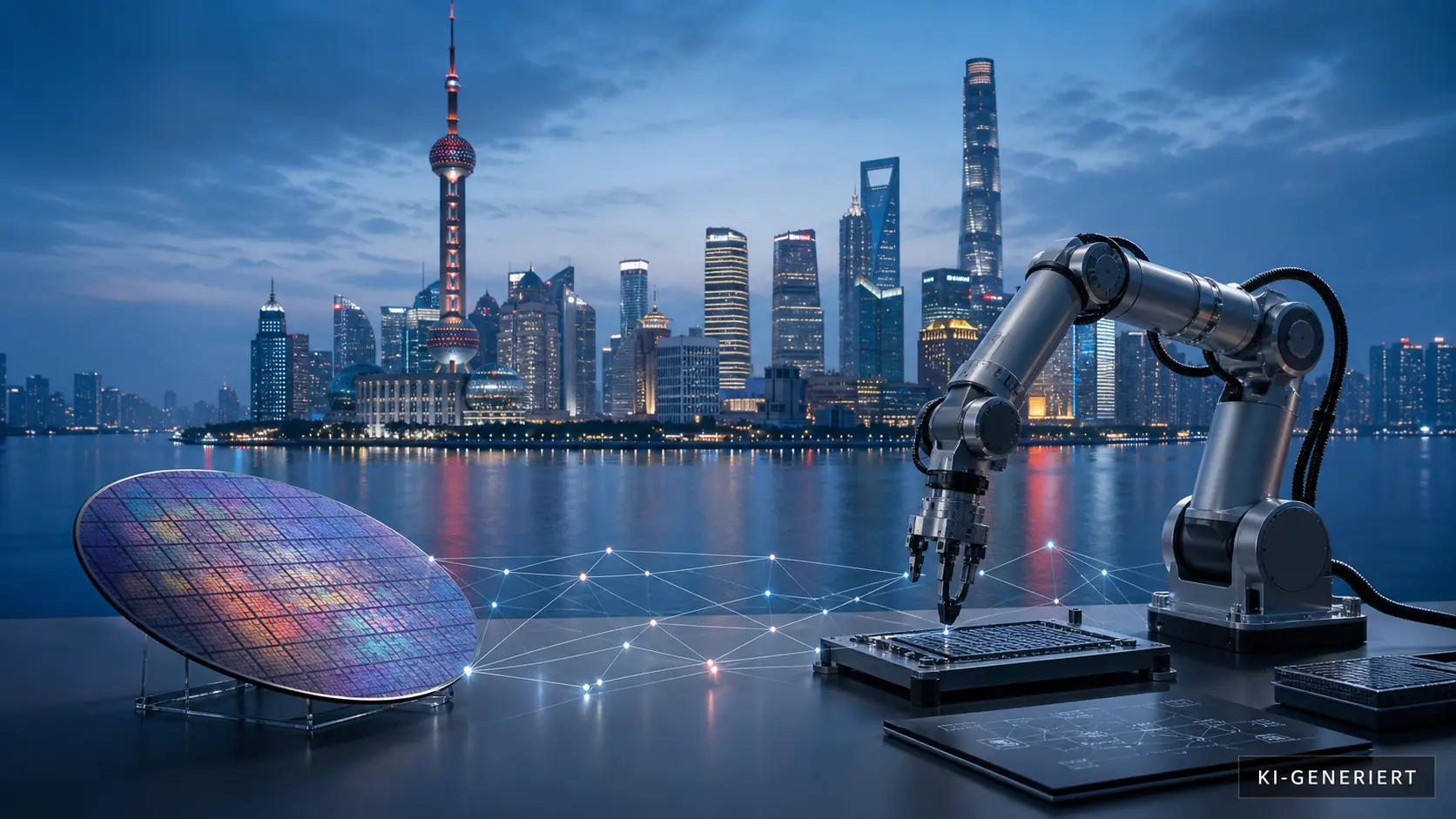 KI-generierte ruhige Technologielandschaft mit chinesischer Großstadtsilhouette, Halbleiter-Wafer und Industrieroboter