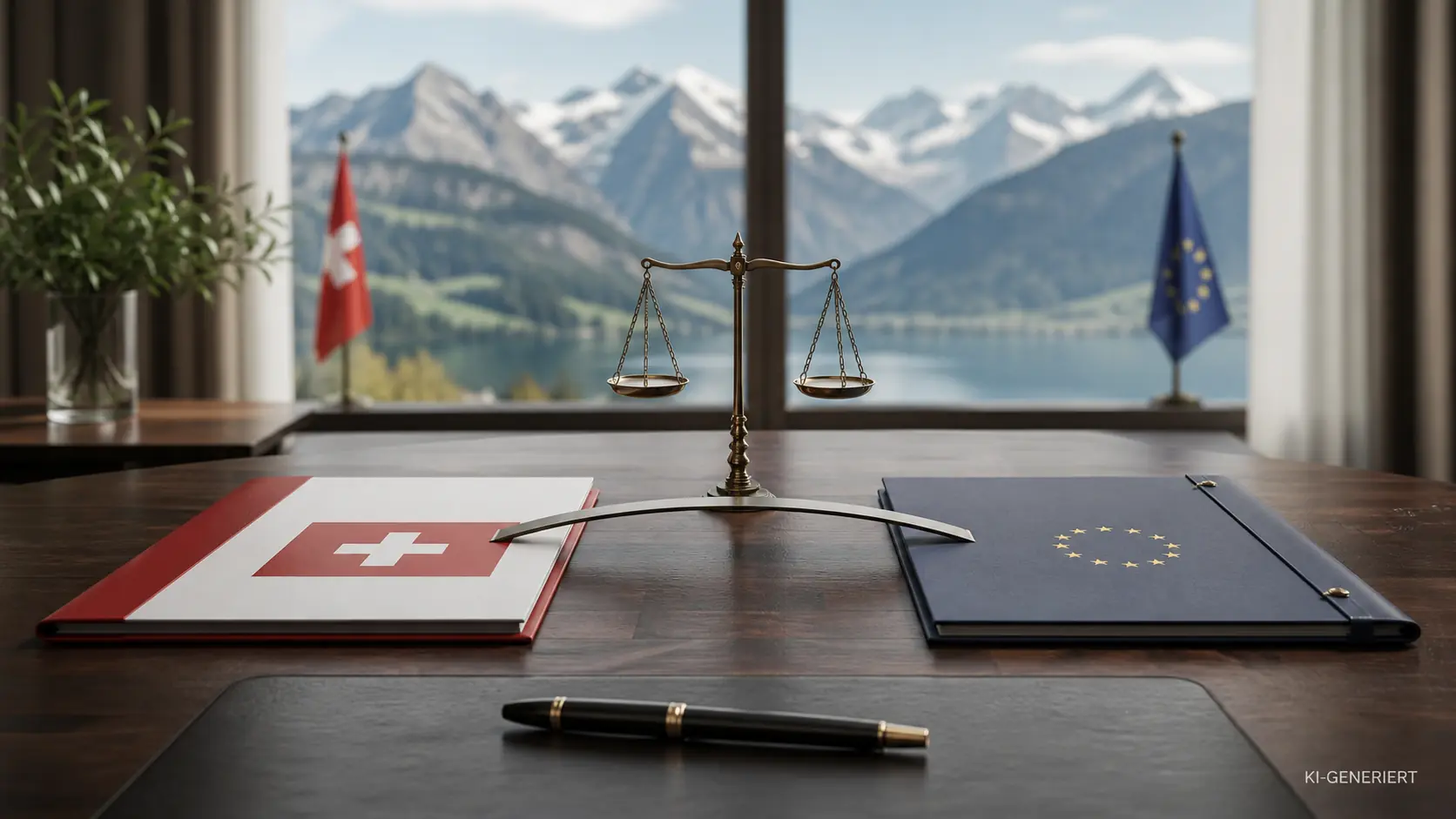 KI-generierter ruhiger Verhandlungstisch mit Schweizer und EU-Unterlagen, Waage und Alpenpanorama