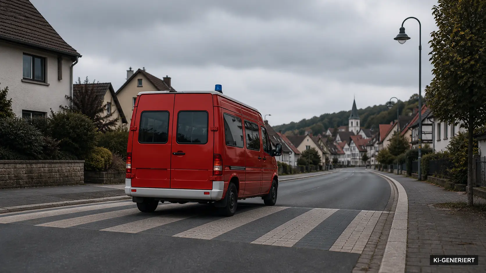 Ruhige redaktionelle Illustration eines neutralen roten Einsatzfahrzeugs auf einer verkehrsberuhigten Ortsstraße