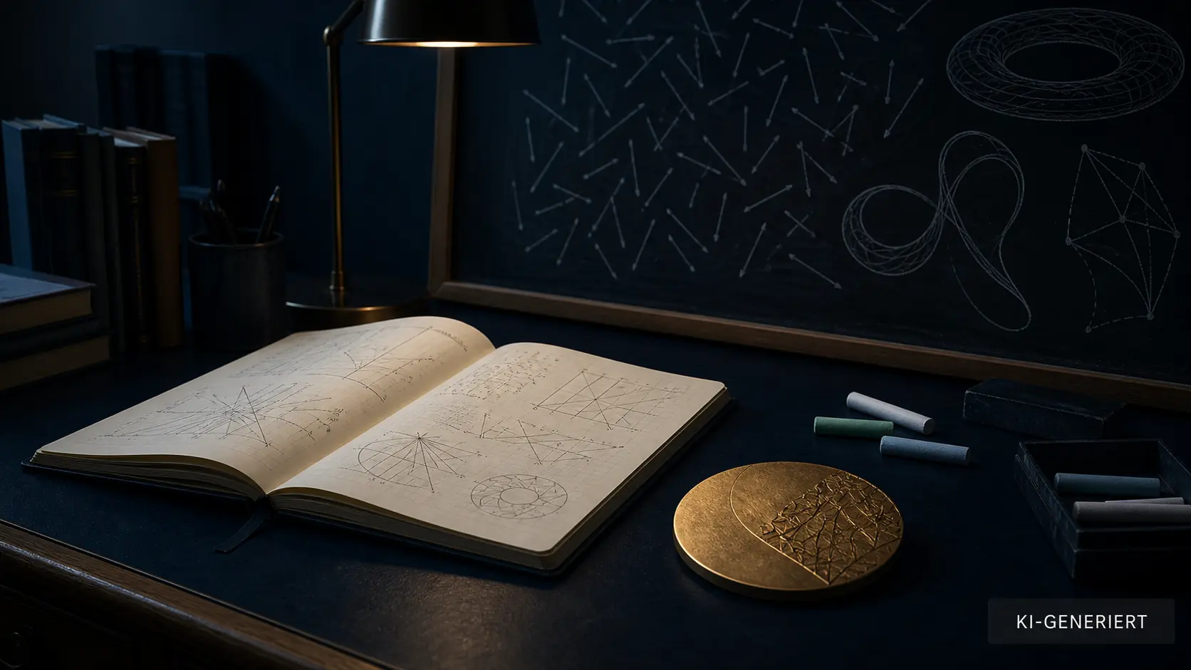 KI-generierter ruhiger Mathematik-Arbeitsplatz mit Notizbuch, geometrischen Skizzen, Tafel und unbeschrifteter Medaille