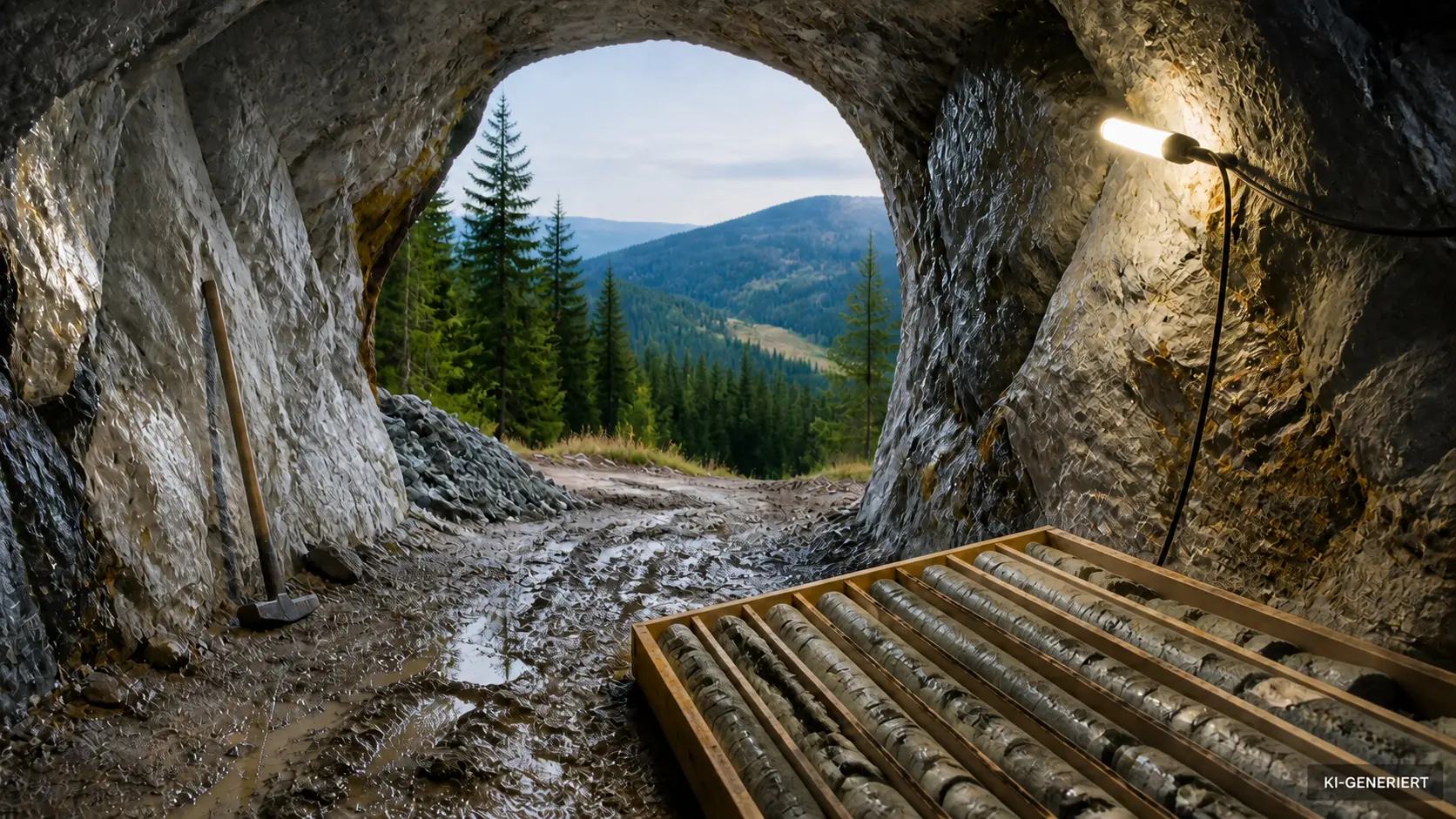 Ruhiger Blick aus einem Erkundungsstollen auf das bewaldete Erzgebirge mit Bohrkernen im Vordergrund